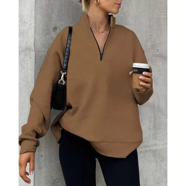 imageBTFBM Womens Quarter Zip Long Sleeve Sweatshirt Oversized Casual 2023 Fall Winter Fashion Hoodies Pullover Y2K ClothesSolid Brown