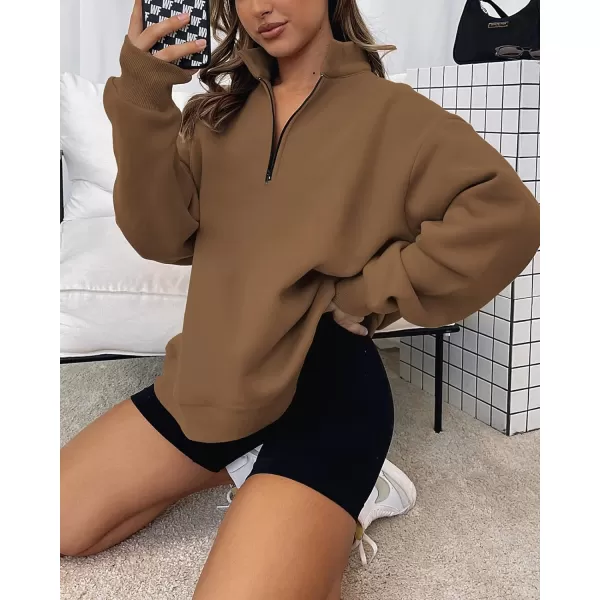imageBTFBM Womens Quarter Zip Long Sleeve Sweatshirt Oversized Casual 2023 Fall Winter Fashion Hoodies Pullover Y2K ClothesSolid Brown
