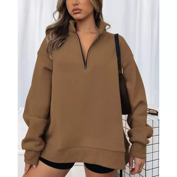 imageBTFBM Womens Quarter Zip Long Sleeve Sweatshirt Oversized Casual 2023 Fall Winter Fashion Hoodies Pullover Y2K ClothesSolid Brown