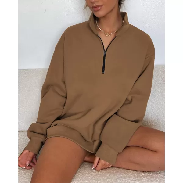 imageBTFBM Womens Quarter Zip Long Sleeve Sweatshirt Oversized Casual 2023 Fall Winter Fashion Hoodies Pullover Y2K ClothesSolid Brown