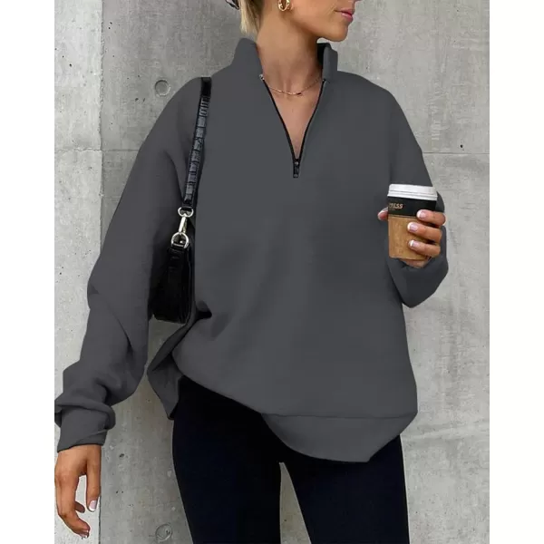 imageBTFBM Womens Quarter Zip Long Sleeve Sweatshirt Oversized Casual 2023 Fall Winter Fashion Hoodies Pullover Y2K ClothesSolid Dark Grey
