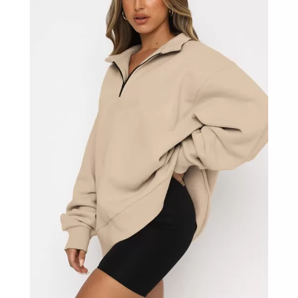 imageBTFBM Womens Quarter Zip Long Sleeve Sweatshirt Oversized Casual 2023 Fall Winter Fashion Hoodies Pullover Y2K ClothesSolid Khaki