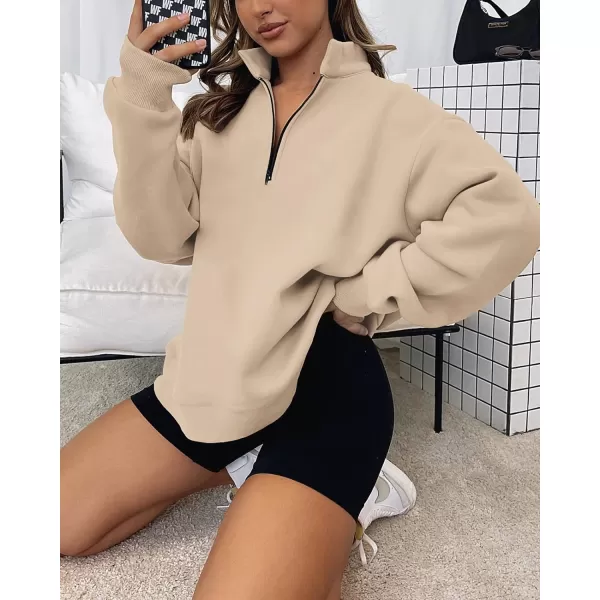 imageBTFBM Womens Quarter Zip Long Sleeve Sweatshirt Oversized Casual 2023 Fall Winter Fashion Hoodies Pullover Y2K ClothesSolid Khaki