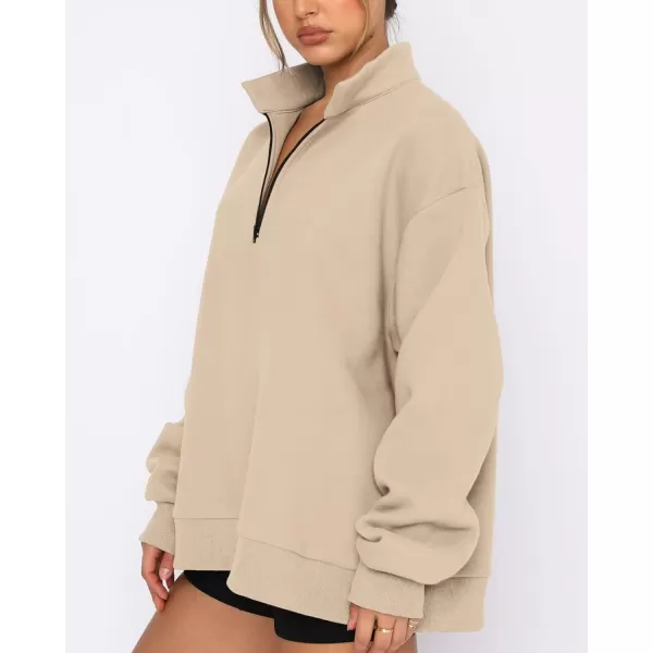 imageBTFBM Womens Quarter Zip Long Sleeve Sweatshirt Oversized Casual 2023 Fall Winter Fashion Hoodies Pullover Y2K ClothesSolid Khaki