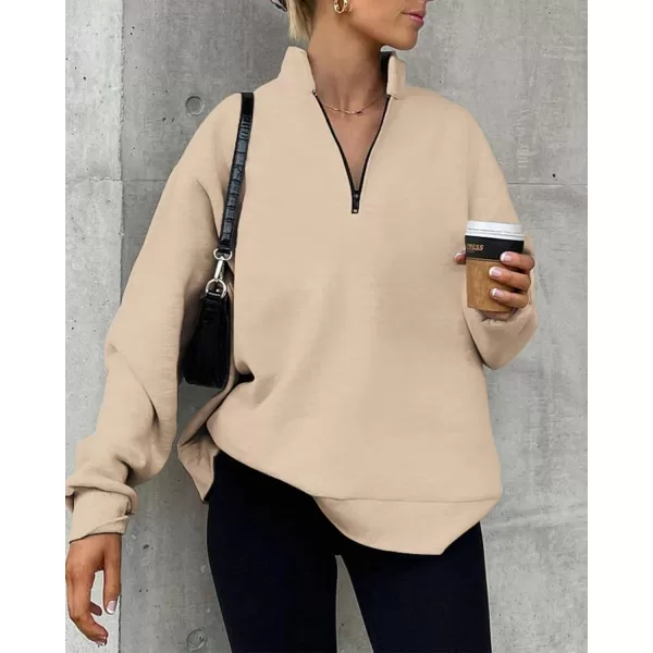 imageBTFBM Womens Quarter Zip Long Sleeve Sweatshirt Oversized Casual 2023 Fall Winter Fashion Hoodies Pullover Y2K ClothesSolid Khaki