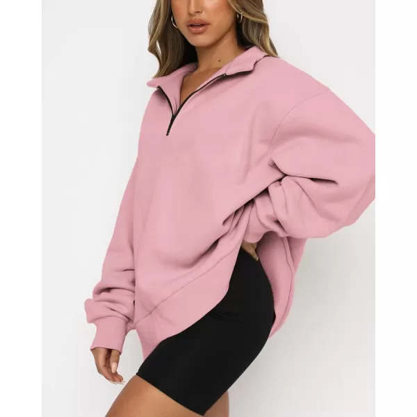 imageBTFBM Womens Quarter Zip Long Sleeve Sweatshirt Oversized Casual 2023 Fall Winter Fashion Hoodies Pullover Y2K ClothesSolid Pink