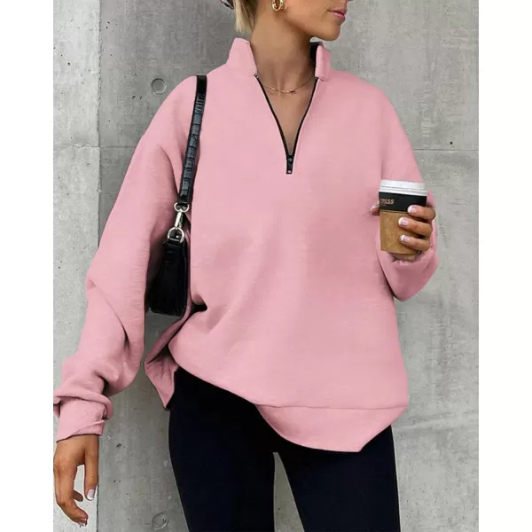 imageBTFBM Womens Quarter Zip Long Sleeve Sweatshirt Oversized Casual 2023 Fall Winter Fashion Hoodies Pullover Y2K ClothesSolid Pink