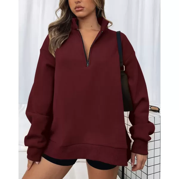 imageBTFBM Womens Quarter Zip Long Sleeve Sweatshirt Oversized Casual 2023 Fall Winter Fashion Hoodies Pullover Y2K ClothesSolid Wine Red