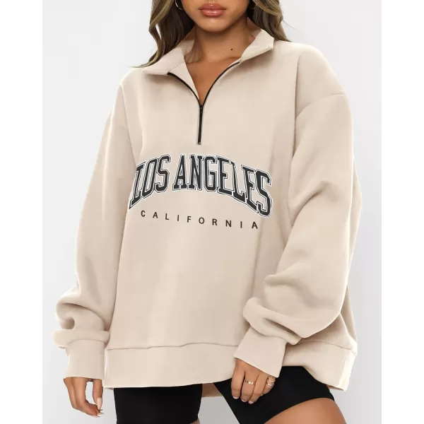 imageBTFBM Womens Quarter Zip Long Sleeve Sweatshirt Oversized Casual 2023 Fall Winter Fashion Hoodies Pullover Y2K ClothesZipper Beige