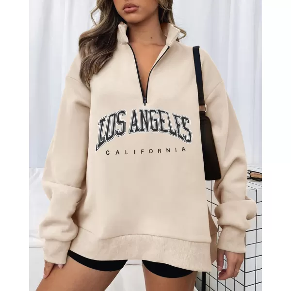 imageBTFBM Womens Quarter Zip Long Sleeve Sweatshirt Oversized Casual 2023 Fall Winter Fashion Hoodies Pullover Y2K ClothesZipper Beige