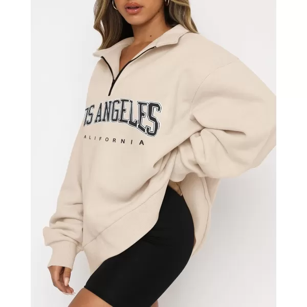 imageBTFBM Womens Quarter Zip Long Sleeve Sweatshirt Oversized Casual 2023 Fall Winter Fashion Hoodies Pullover Y2K ClothesZipper Beige
