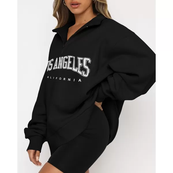imageBTFBM Womens Quarter Zip Long Sleeve Sweatshirt Oversized Casual 2023 Fall Winter Fashion Hoodies Pullover Y2K ClothesZipper Black