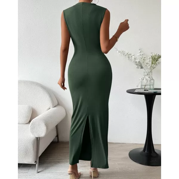 imageBTFBM Womens Ruched Bodycon Dress Summer Casual Sleeveless Back Slit Elegant Club Evening Party Cocktail Maxi DressesSolid Army Green
