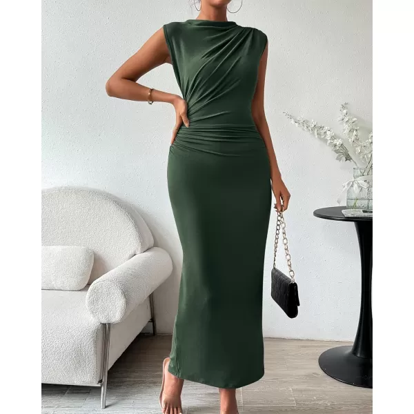 imageBTFBM Womens Ruched Bodycon Dress Summer Casual Sleeveless Back Slit Elegant Club Evening Party Cocktail Maxi DressesSolid Army Green