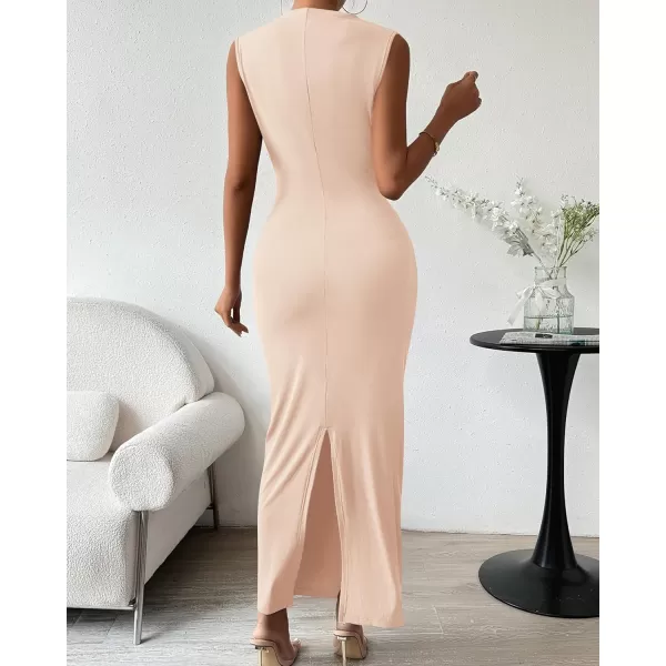 imageBTFBM Womens Ruched Bodycon Dress Summer Casual Sleeveless Back Slit Elegant Club Evening Party Cocktail Maxi DressesSolid Beige