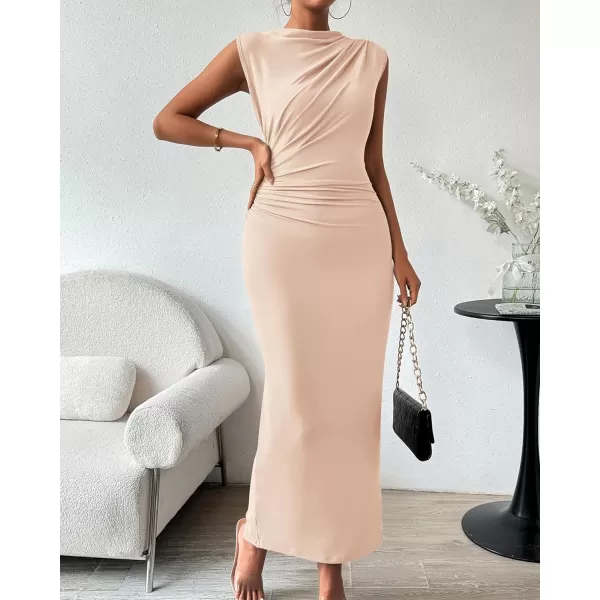 imageBTFBM Womens Ruched Bodycon Dress Summer Casual Sleeveless Back Slit Elegant Club Evening Party Cocktail Maxi DressesSolid Beige