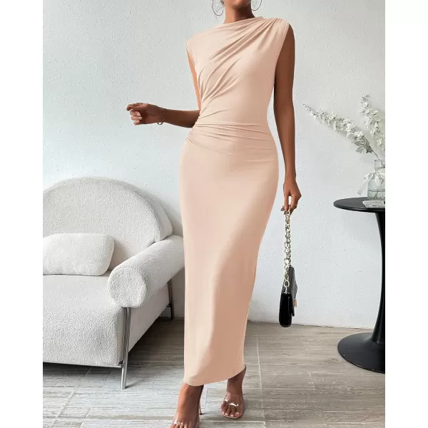 imageBTFBM Womens Ruched Bodycon Dress Summer Casual Sleeveless Back Slit Elegant Club Evening Party Cocktail Maxi DressesSolid Beige