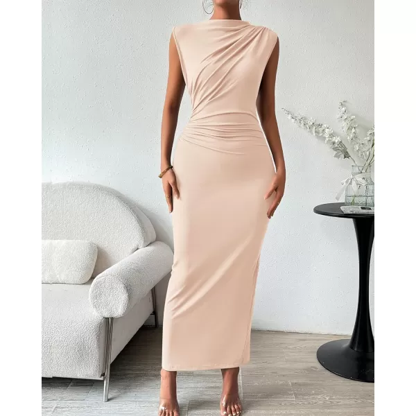 imageBTFBM Womens Ruched Bodycon Dress Summer Casual Sleeveless Back Slit Elegant Club Evening Party Cocktail Maxi DressesSolid Beige