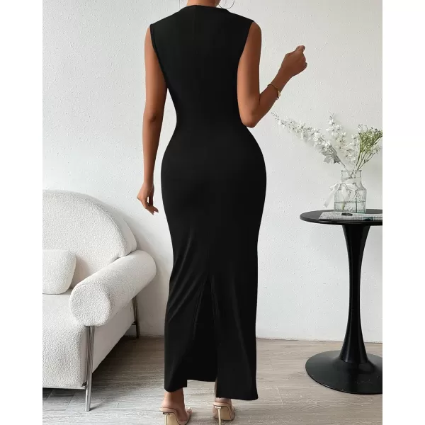 imageBTFBM Womens Ruched Bodycon Dress Summer Casual Sleeveless Back Slit Elegant Club Evening Party Cocktail Maxi DressesSolid Black