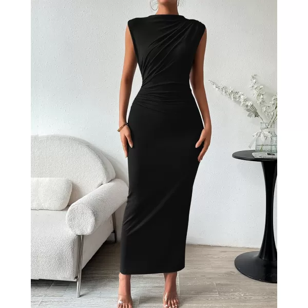 imageBTFBM Womens Ruched Bodycon Dress Summer Casual Sleeveless Back Slit Elegant Club Evening Party Cocktail Maxi DressesSolid Black