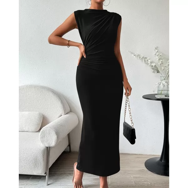 imageBTFBM Womens Ruched Bodycon Dress Summer Casual Sleeveless Back Slit Elegant Club Evening Party Cocktail Maxi DressesSolid Black