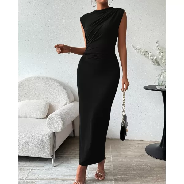 imageBTFBM Womens Ruched Bodycon Dress Summer Casual Sleeveless Back Slit Elegant Club Evening Party Cocktail Maxi DressesSolid Black