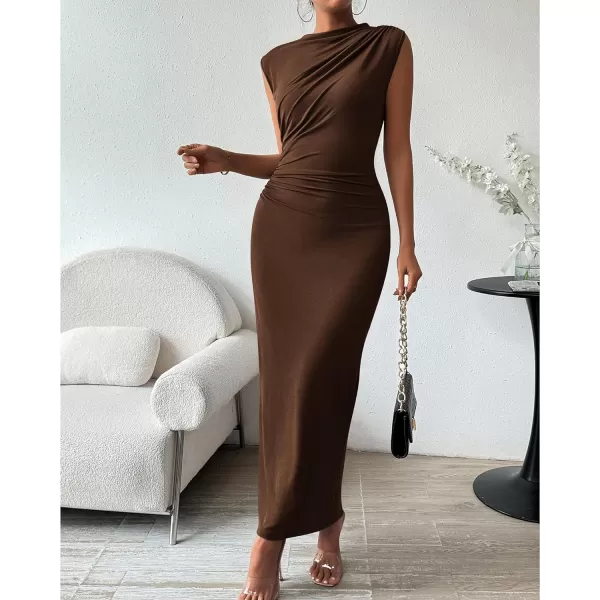 imageBTFBM Womens Ruched Bodycon Dress Summer Casual Sleeveless Back Slit Elegant Club Evening Party Cocktail Maxi DressesSolid Coffee