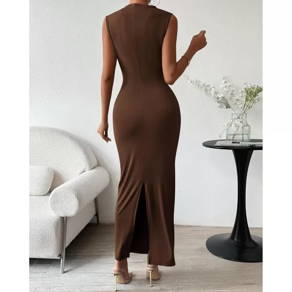 imageBTFBM Womens Ruched Bodycon Dress Summer Casual Sleeveless Back Slit Elegant Club Evening Party Cocktail Maxi DressesSolid Coffee