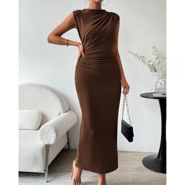imageBTFBM Womens Ruched Bodycon Dress Summer Casual Sleeveless Back Slit Elegant Club Evening Party Cocktail Maxi DressesSolid Coffee