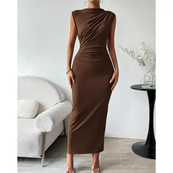 imageBTFBM Womens Ruched Bodycon Dress Summer Casual Sleeveless Back Slit Elegant Club Evening Party Cocktail Maxi DressesSolid Coffee