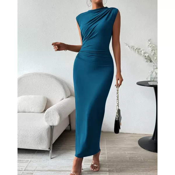 imageBTFBM Womens Ruched Bodycon Dress Summer Casual Sleeveless Back Slit Elegant Club Evening Party Cocktail Maxi DressesSolid Dark Blue