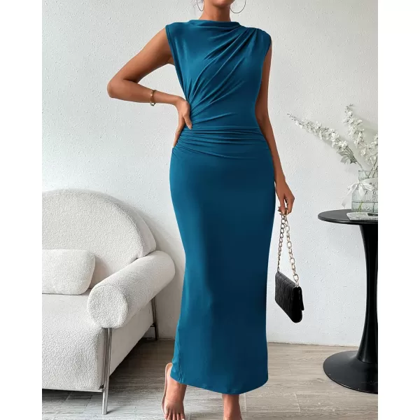 imageBTFBM Womens Ruched Bodycon Dress Summer Casual Sleeveless Back Slit Elegant Club Evening Party Cocktail Maxi DressesSolid Dark Blue