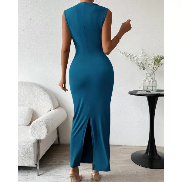 imageBTFBM Womens Ruched Bodycon Dress Summer Casual Sleeveless Back Slit Elegant Club Evening Party Cocktail Maxi DressesSolid Dark Blue