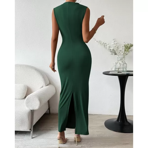 imageBTFBM Womens Ruched Bodycon Dress Summer Casual Sleeveless Back Slit Elegant Club Evening Party Cocktail Maxi DressesSolid Dark Green