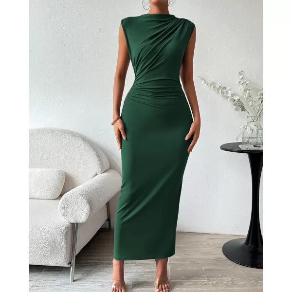 imageBTFBM Womens Ruched Bodycon Dress Summer Casual Sleeveless Back Slit Elegant Club Evening Party Cocktail Maxi DressesSolid Dark Green