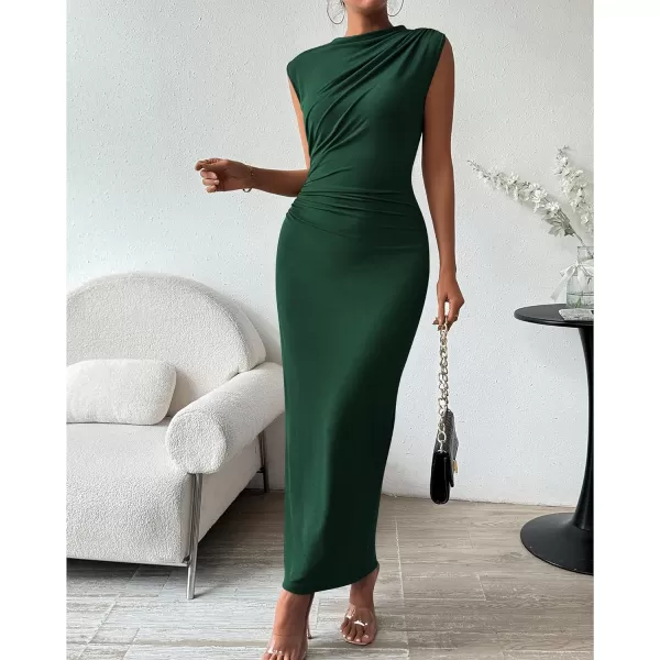 imageBTFBM Womens Ruched Bodycon Dress Summer Casual Sleeveless Back Slit Elegant Club Evening Party Cocktail Maxi DressesSolid Dark Green