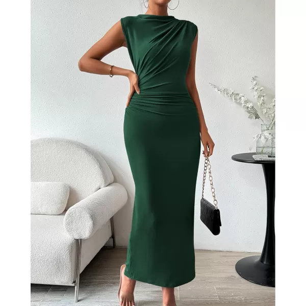 imageBTFBM Womens Ruched Bodycon Dress Summer Casual Sleeveless Back Slit Elegant Club Evening Party Cocktail Maxi DressesSolid Dark Green