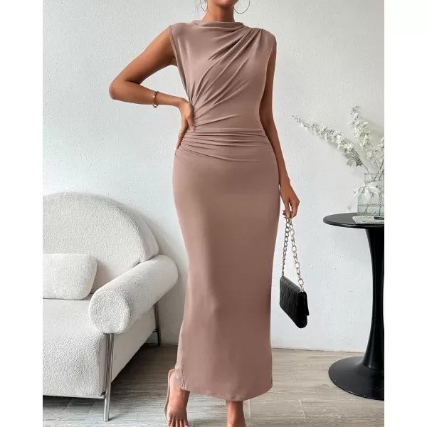 imageBTFBM Womens Ruched Bodycon Dress Summer Casual Sleeveless Back Slit Elegant Club Evening Party Cocktail Maxi DressesSolid Khaki