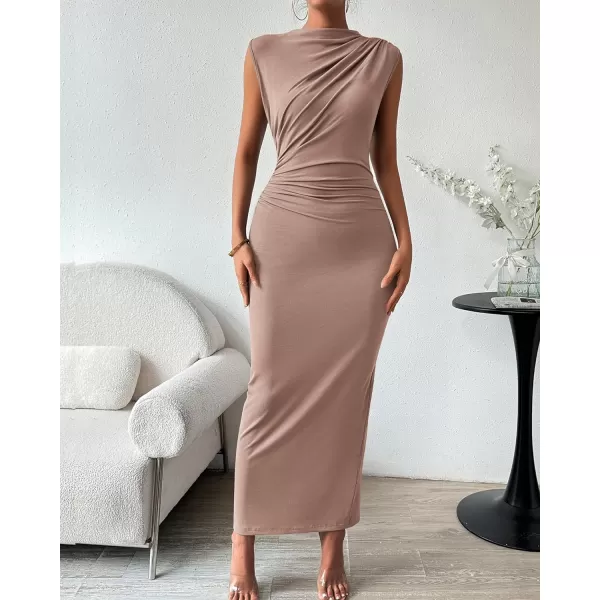 imageBTFBM Womens Ruched Bodycon Dress Summer Casual Sleeveless Back Slit Elegant Club Evening Party Cocktail Maxi DressesSolid Khaki