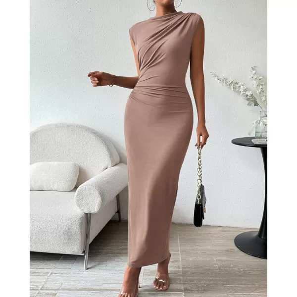 imageBTFBM Womens Ruched Bodycon Dress Summer Casual Sleeveless Back Slit Elegant Club Evening Party Cocktail Maxi DressesSolid Khaki