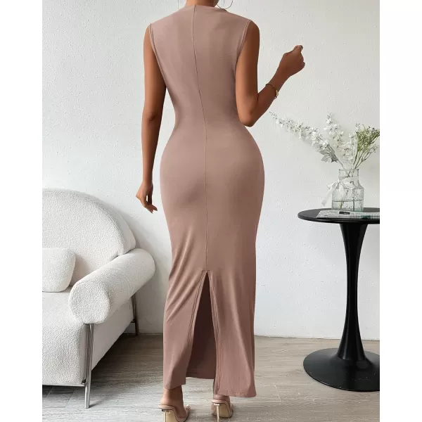 imageBTFBM Womens Ruched Bodycon Dress Summer Casual Sleeveless Back Slit Elegant Club Evening Party Cocktail Maxi DressesSolid Khaki