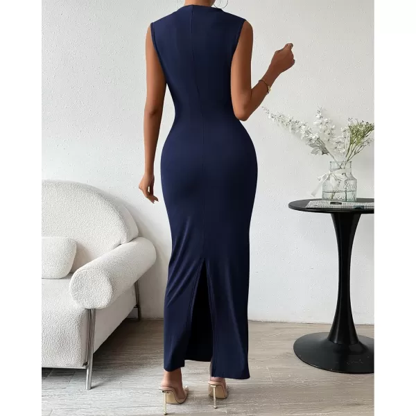 imageBTFBM Womens Ruched Bodycon Dress Summer Casual Sleeveless Back Slit Elegant Club Evening Party Cocktail Maxi DressesSolid Navy