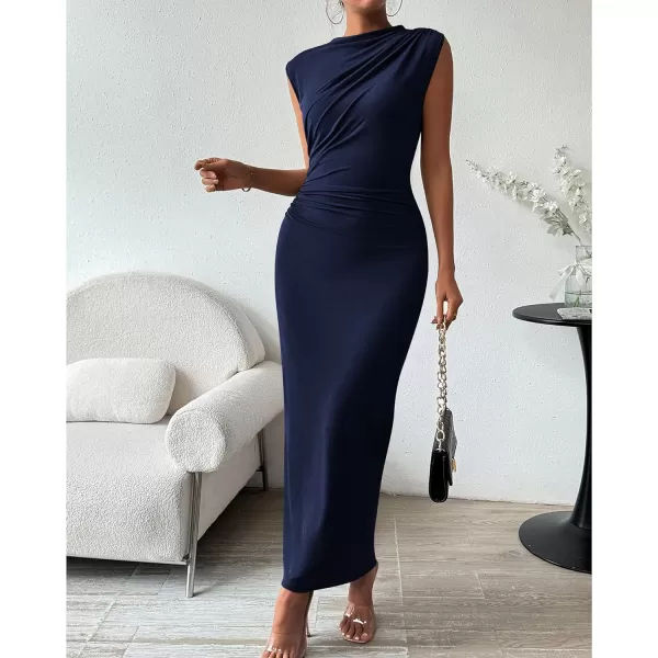 imageBTFBM Womens Ruched Bodycon Dress Summer Casual Sleeveless Back Slit Elegant Club Evening Party Cocktail Maxi DressesSolid Navy