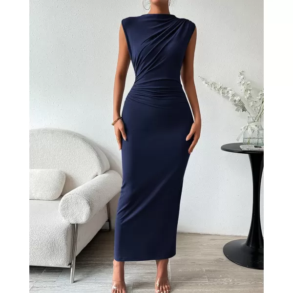 imageBTFBM Womens Ruched Bodycon Dress Summer Casual Sleeveless Back Slit Elegant Club Evening Party Cocktail Maxi DressesSolid Navy
