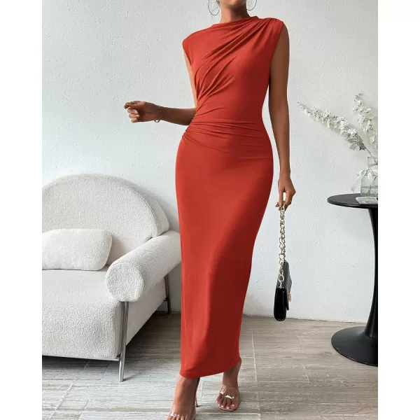 imageBTFBM Womens Ruched Bodycon Dress Summer Casual Sleeveless Back Slit Elegant Club Evening Party Cocktail Maxi DressesSolid Orange Red