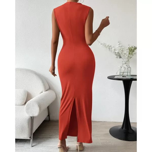 imageBTFBM Womens Ruched Bodycon Dress Summer Casual Sleeveless Back Slit Elegant Club Evening Party Cocktail Maxi DressesSolid Orange Red