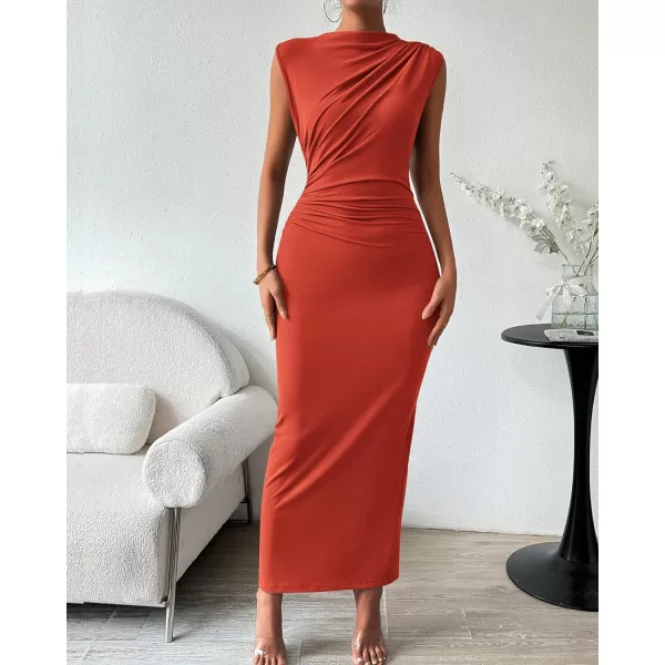 imageBTFBM Womens Ruched Bodycon Dress Summer Casual Sleeveless Back Slit Elegant Club Evening Party Cocktail Maxi DressesSolid Orange Red