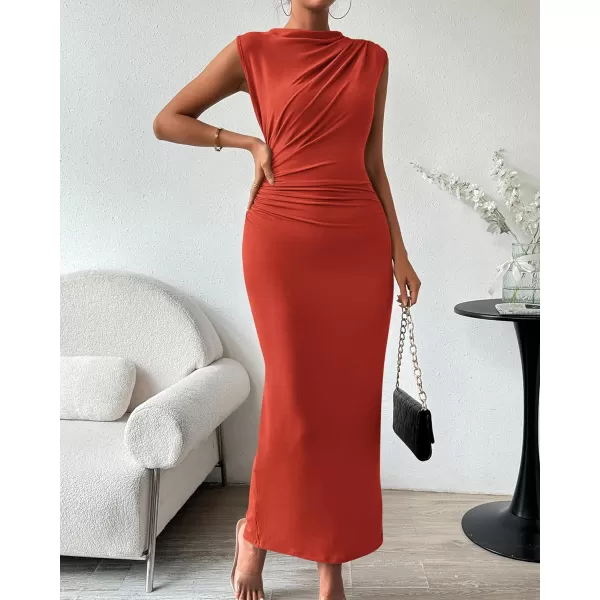 imageBTFBM Womens Ruched Bodycon Dress Summer Casual Sleeveless Back Slit Elegant Club Evening Party Cocktail Maxi DressesSolid Orange Red