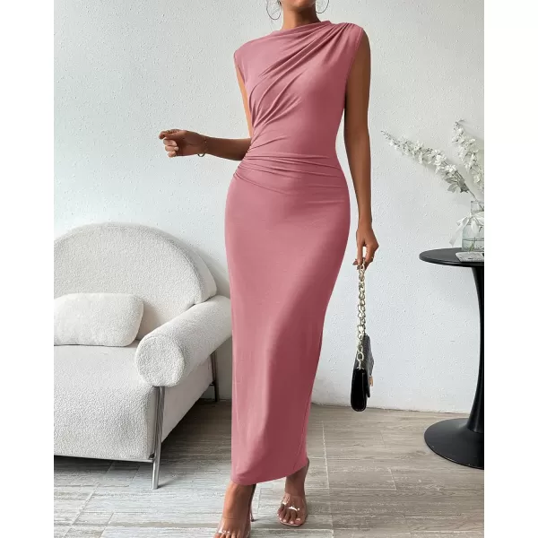 imageBTFBM Womens Ruched Bodycon Dress Summer Casual Sleeveless Back Slit Elegant Club Evening Party Cocktail Maxi DressesSolid Pink
