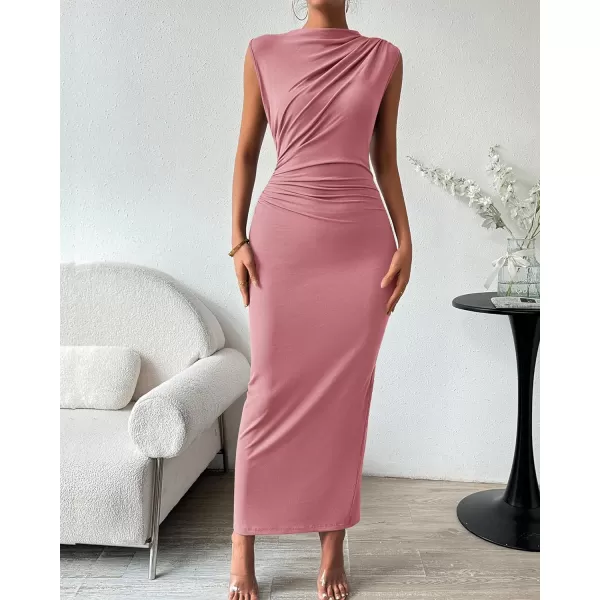 imageBTFBM Womens Ruched Bodycon Dress Summer Casual Sleeveless Back Slit Elegant Club Evening Party Cocktail Maxi DressesSolid Pink